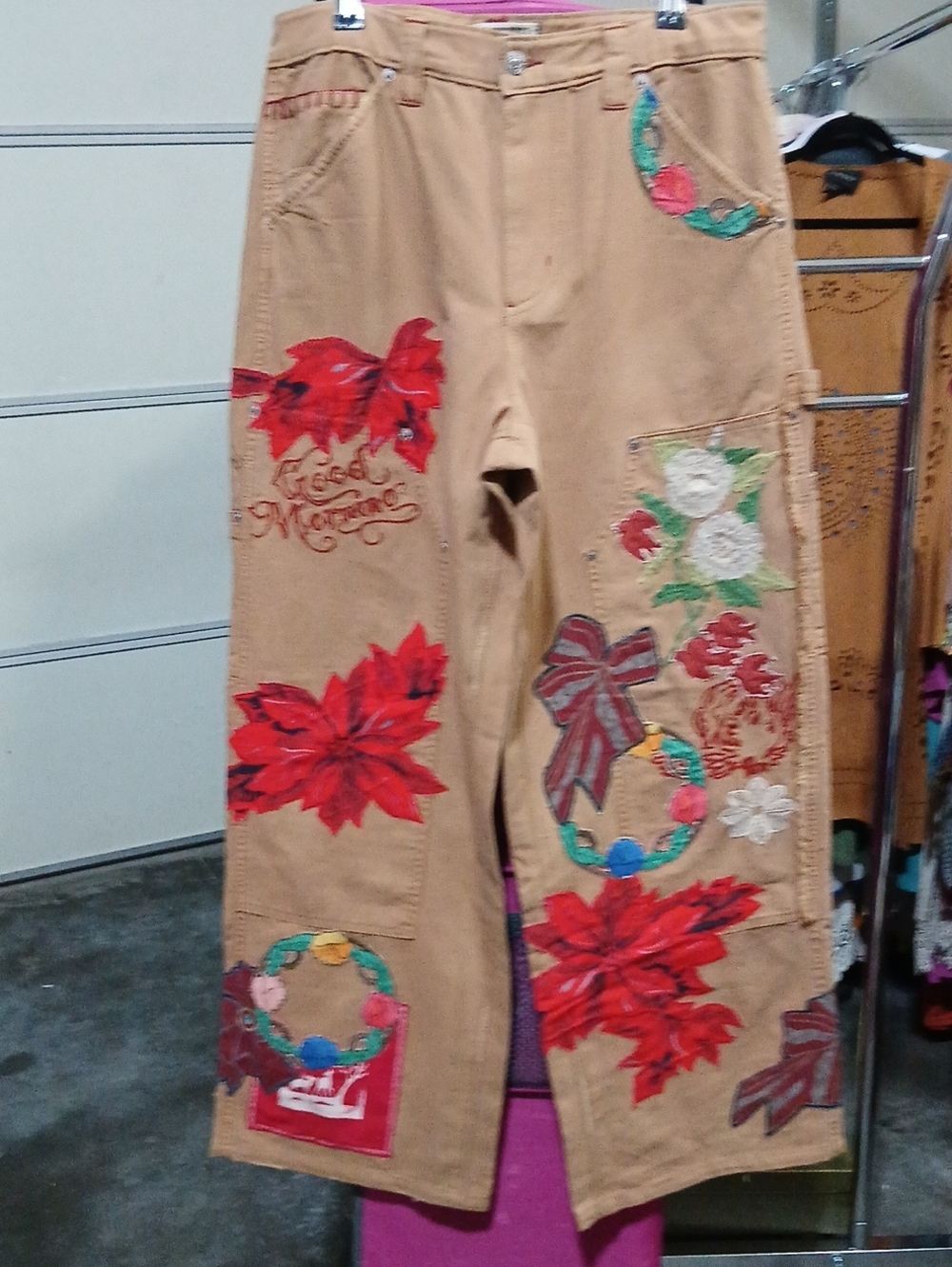 Free People "Bright Time Craft" Tan Embroidered Floral Wide-Leg Jeans - Picture 8 of 14